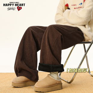 查尔斯桃心咖色灯芯绒裤子男冬季加绒加厚美拉德宽松直筒休闲长裤