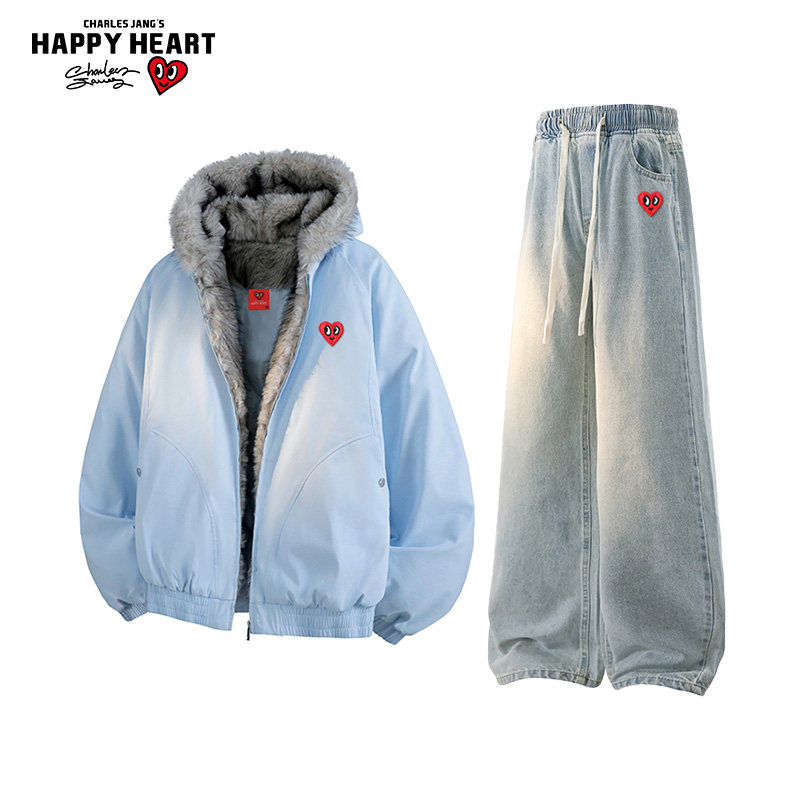 查尔斯桃心休闲套装男女冬季座山雕连帽棉衣牛仔长裤子保暖两件装,男装,休闲运动套装,淘宝优惠券,粉丝福利购,淘宝优惠卷