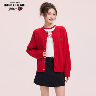 查尔斯桃心马年红色针织衫外套男秋冬季新款潮牌纽扣百搭开衫毛衣