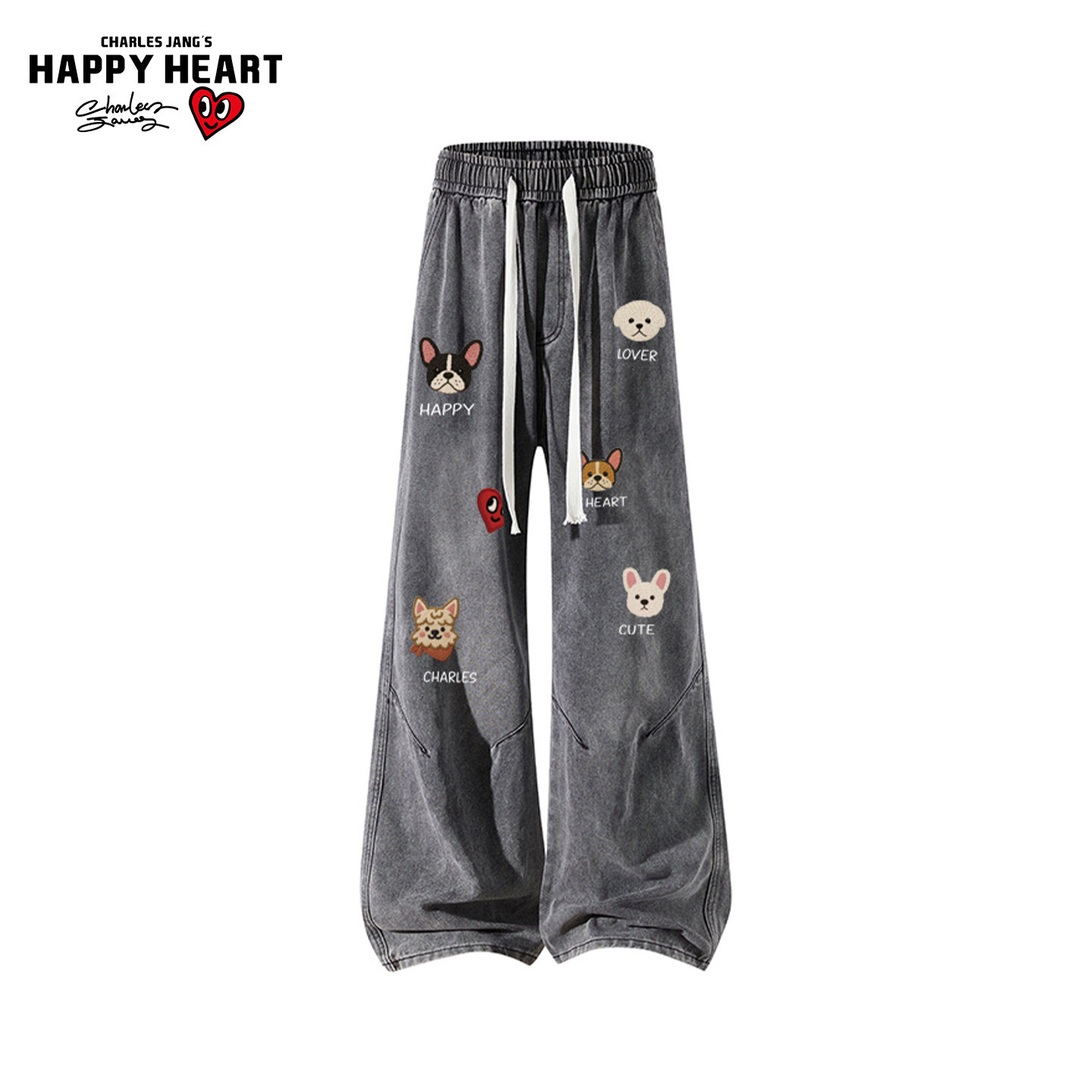 查尔斯桃心美式风卡通小狗印花牛仔裤男女宽松直筒阔腿情侣款长裤