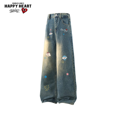 查尔斯桃心可爱小狗加绒牛仔裤男女款冬季加厚美式水洗阔腿长裤子