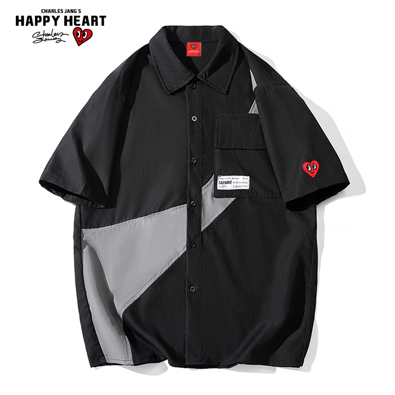 查尔斯桃心 短袖衬衫男夏季薄款拼色2023新款休闲爱心半袖外套