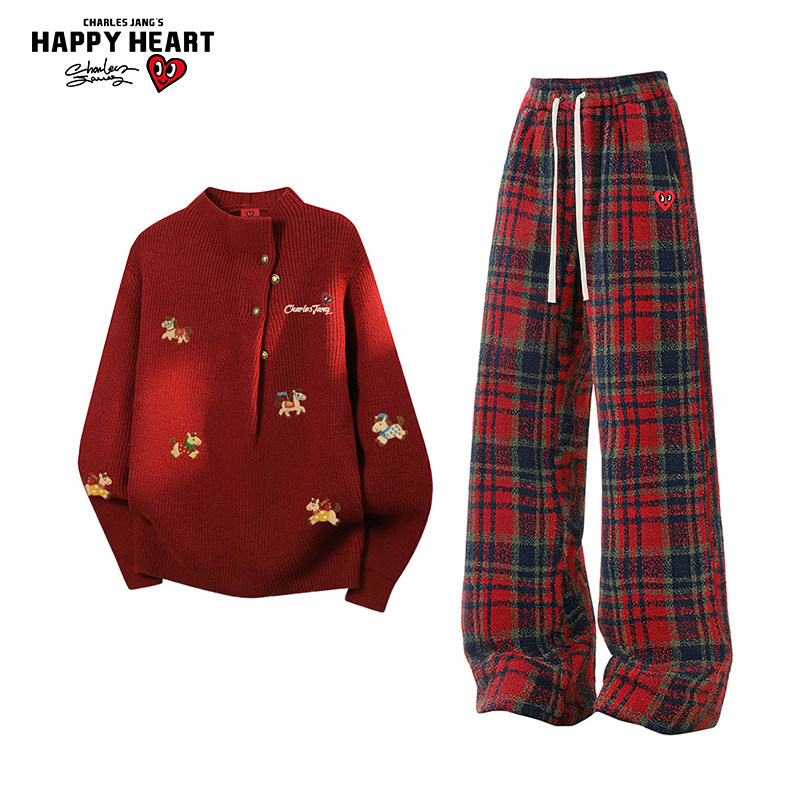查尔斯桃心马年2026新款休闲套装男冬季半高领毛衣加绒加厚休闲裤,男装,休闲运动套装,淘宝优惠券,粉丝福利购,淘宝优惠卷