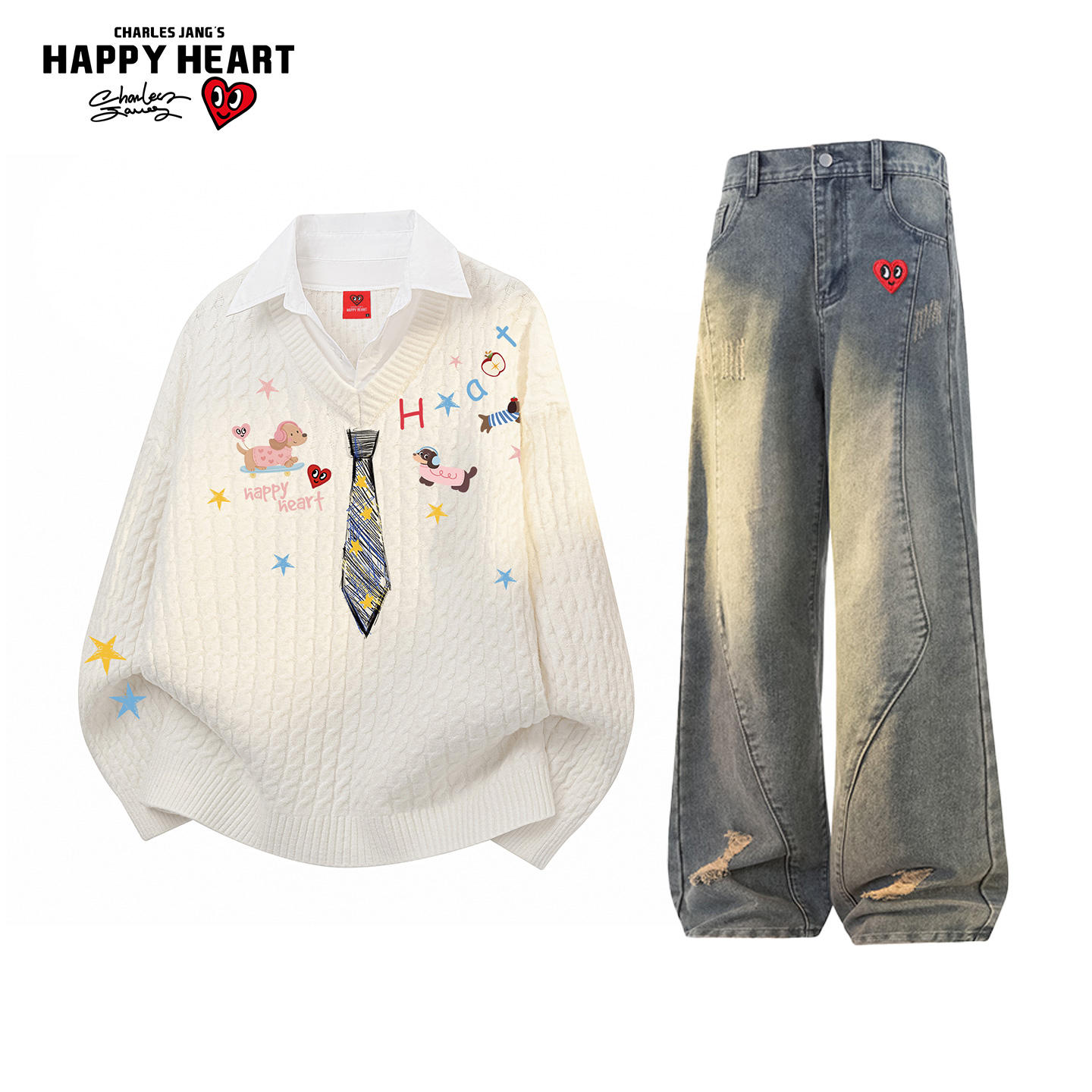 查尔斯桃心休闲套装针织衫两件装