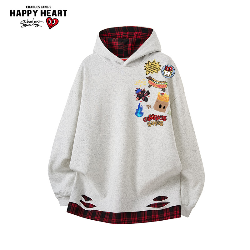 查尔斯桃心趣味涂鸦连帽卫衣男女春秋季新款拼接宽松休闲情侣外套