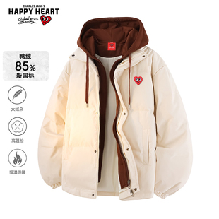 查尔斯桃心美式假两件羽绒服冬季85鸭绒超厚保暖男女连帽防寒外套