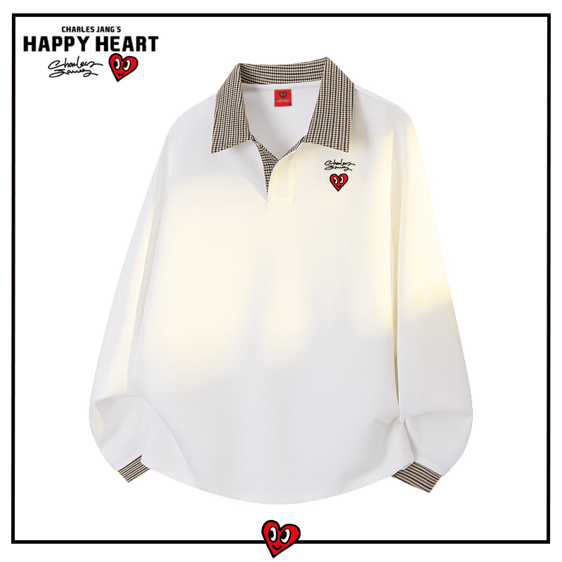 查尔斯桃心美式假两件千鸟格翻领卫衣男春秋季宽松潮流情侣上衣服