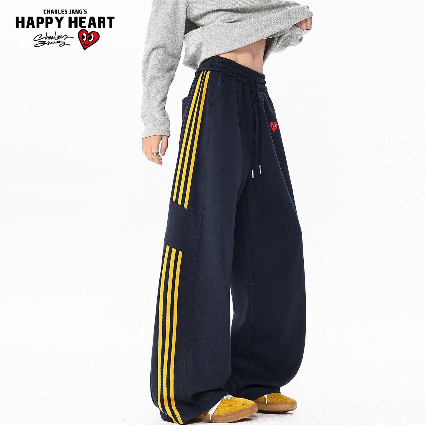 查尔斯桃心美式高街条纹运动裤男春季阔腿休闲卫裤潮牌直筒长裤子,男装,休闲裤,淘宝优惠券,粉丝福利购,淘宝优惠卷