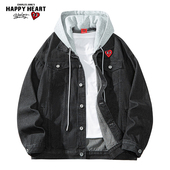 查尔斯桃心美式 重工水洗做旧牛仔夹克男春秋新款 宽松可拆卸帽外套