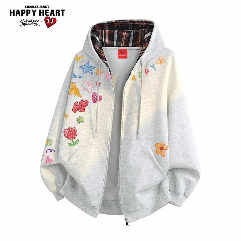 查尔斯桃心美式格纹蜡笔涂鸦印花开衫卫衣男潮牌新款情侣连帽外套