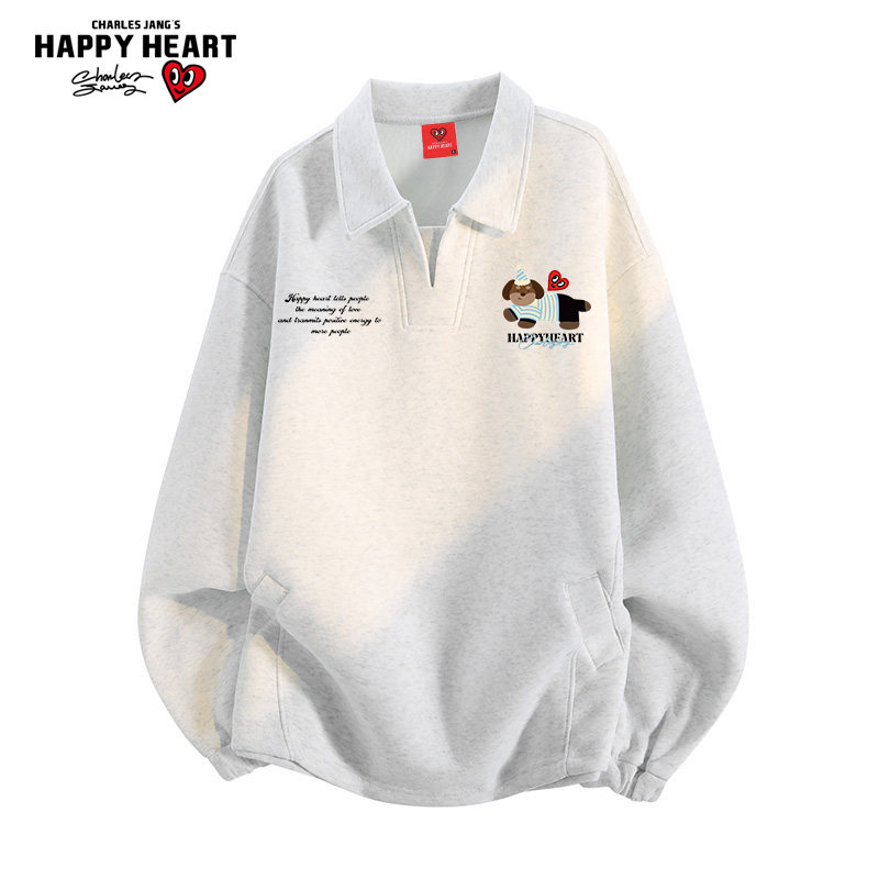 查尔斯桃心 美式腊肠狗印花V领卫衣男潮牌百搭新款情侣翻领上衣