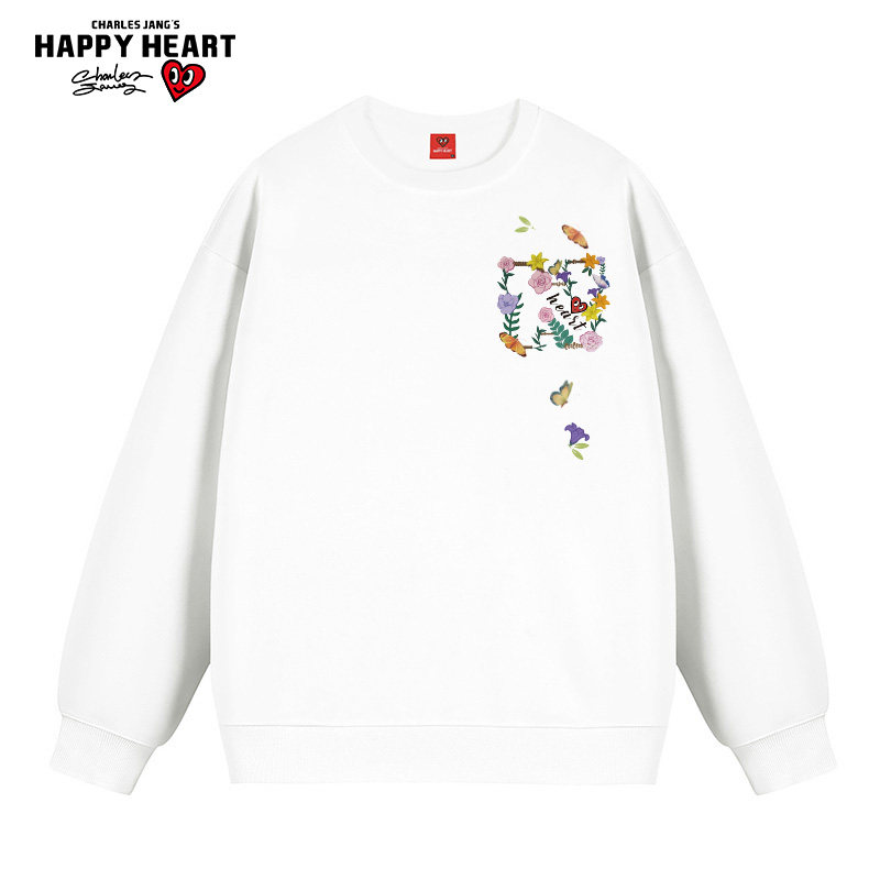 查尔斯桃心 蝴蝶花朵印花美式落肩袖圆领卫衣男女春秋季情侣打底