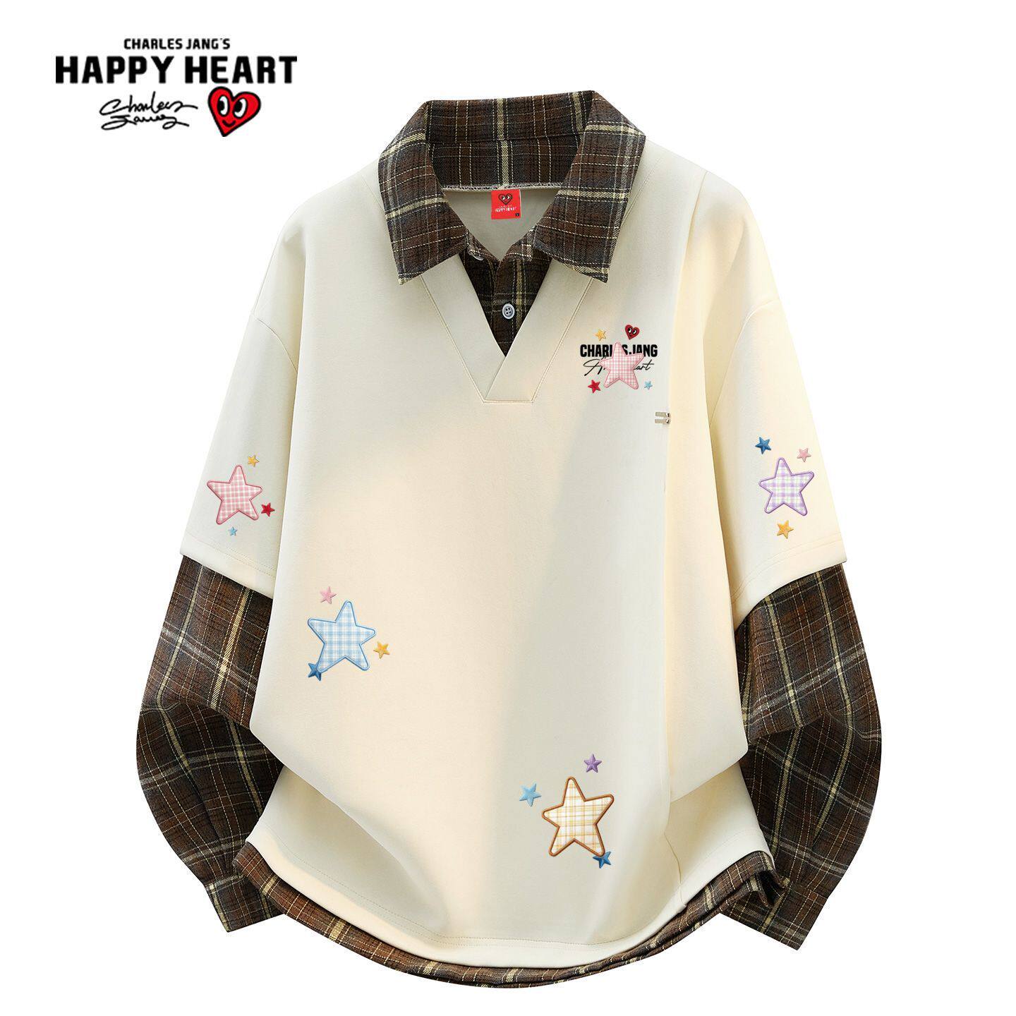 查尔斯桃心假两件格纹衬衫领卫衣男女秋季学院风潮流宽松内搭情侣
