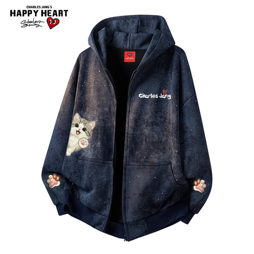 查尔斯桃心猫咪图案连帽开衫卫衣