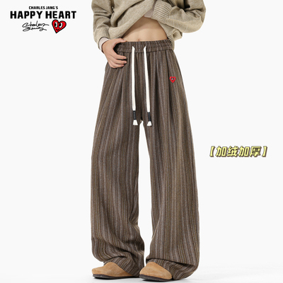 查尔斯桃心老钱风毛呢休闲裤子男冬季加绒加厚宽松潮牌直筒阔腿裤