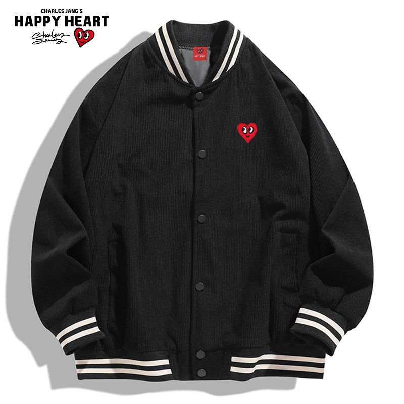 查尔斯桃心 美式复古棒球领夹克男款春秋季校园灯芯绒休闲外套