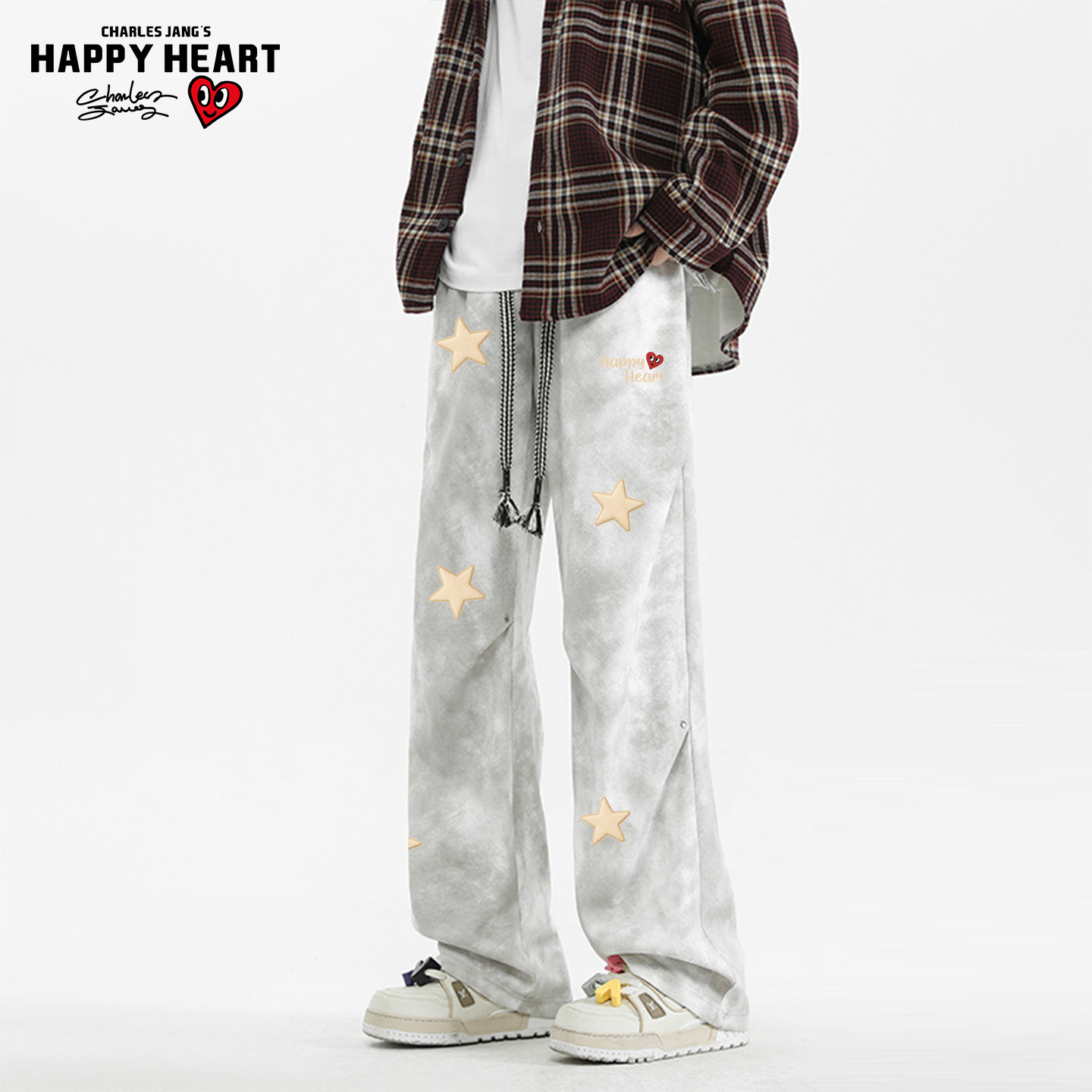 查尔斯桃心星星印花美式扎染休闲长裤男女春秋季宽松直筒运动卫裤