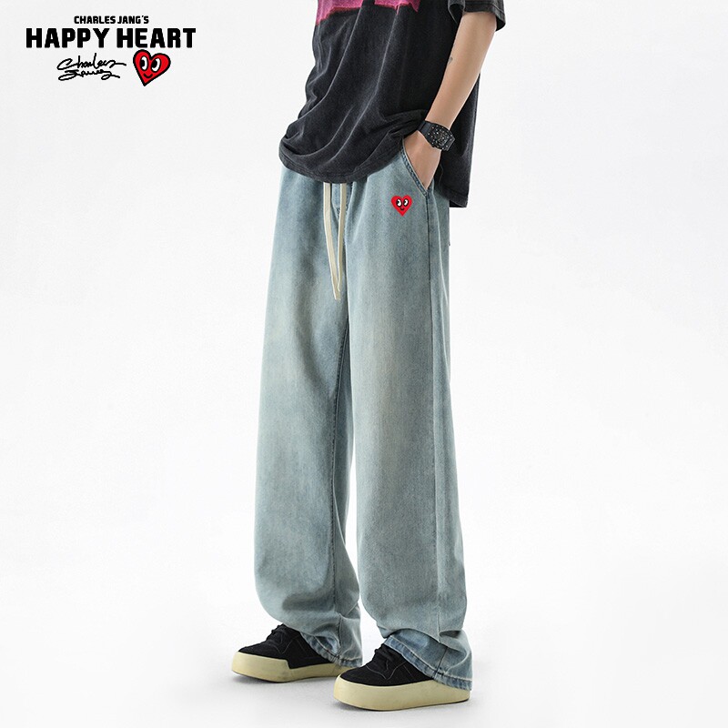查尔斯桃心 冰丝竹节纹牛仔裤男夏季薄款宽松透气垂感休闲长裤子