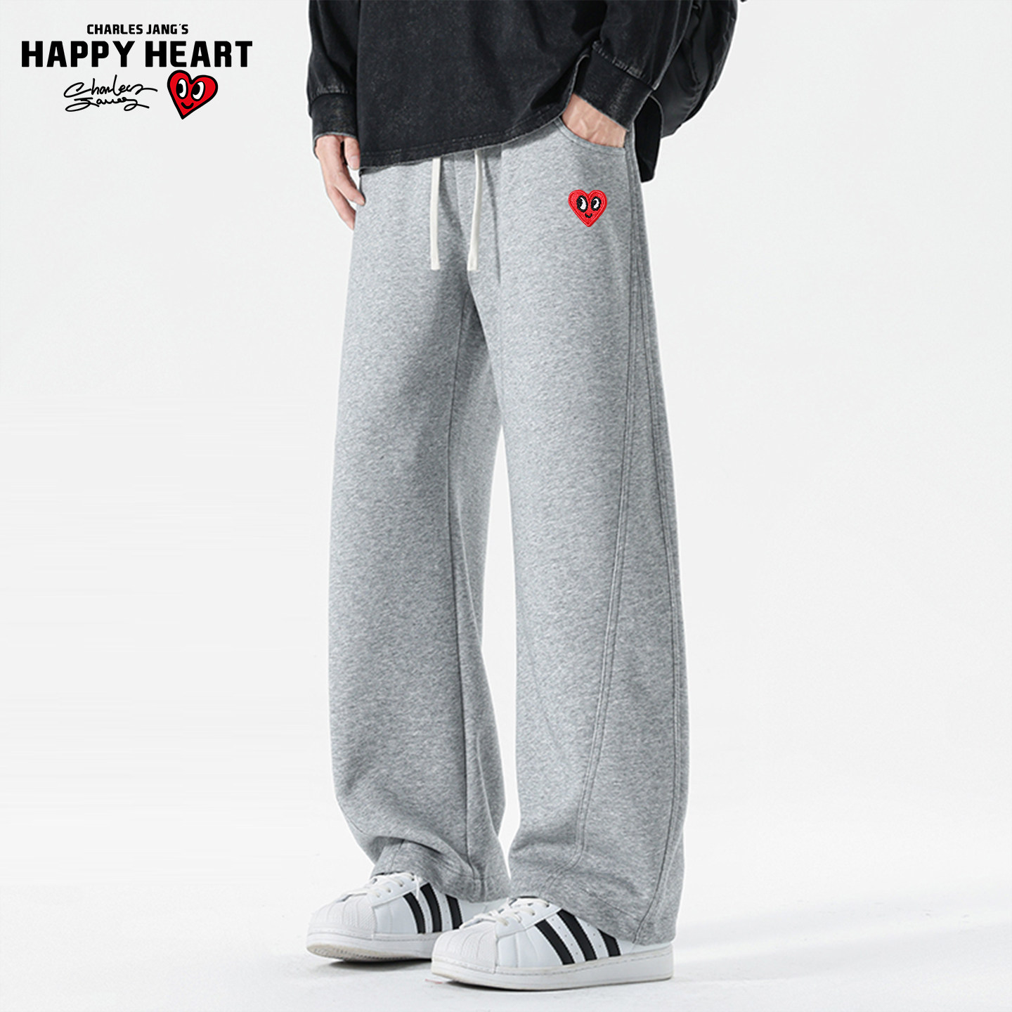 查尔斯桃心 美式针织弯刀运动卫裤男女秋冬季加绒加厚休闲香蕉裤