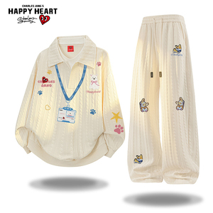 查尔斯桃心学院风领带翻领卫衣套装男女秋冬季新款休闲宽松长裤子