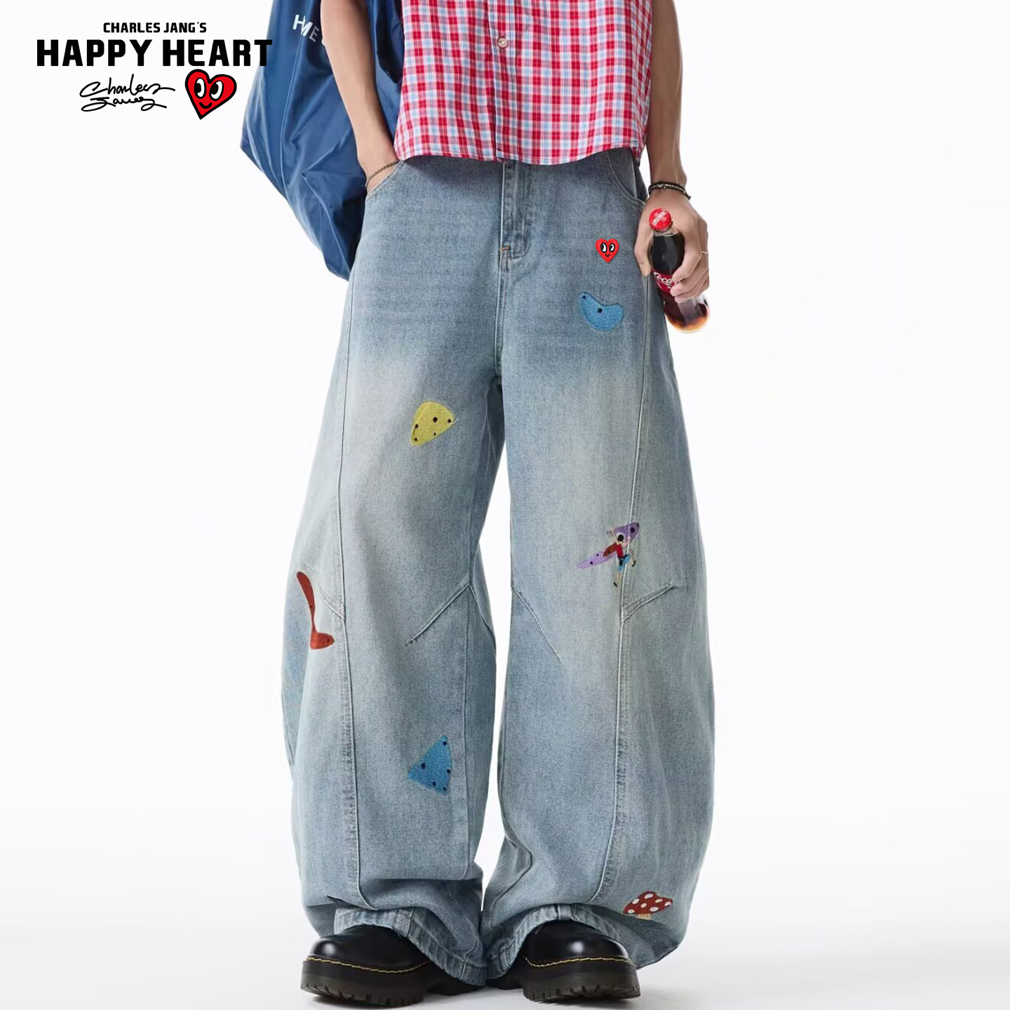 查尔斯桃心卡通刺绣弯刀牛仔裤男女春季潮牌宽松水洗做旧阔腿裤子,男装,牛仔裤,淘宝优惠券,粉丝福利购,淘宝优惠卷