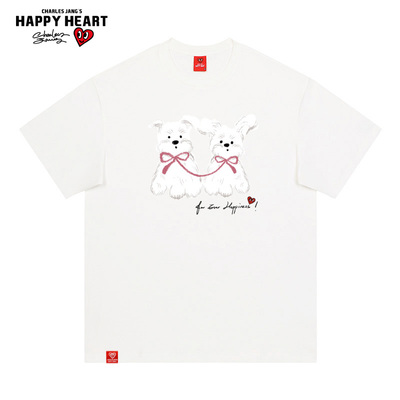 查尔斯桃心小狗印花短袖t恤男