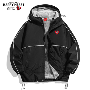 查尔斯桃心线条拉链冬季 连帽毛绒棉服男棉袄衣服外套加绒保暖 新款