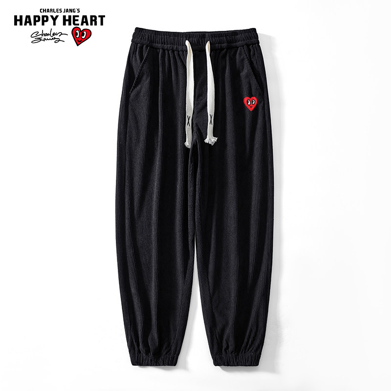 查尔斯桃心 裤子男款春秋冬季宽松束脚加绒黑色潮牌条绒休闲长裤