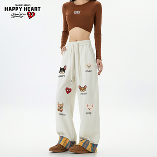 查尔斯桃心美式格纹小狗印花裤子男百搭宽松阔腿直筒垂感休闲长裤