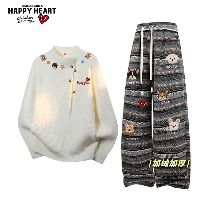 查尔斯桃心印花休闲套装男女冬季新款毛衣针织衫加绒加厚直筒裤子,男装,休闲运动套装,淘宝优惠券,粉丝福利购,淘宝优惠卷