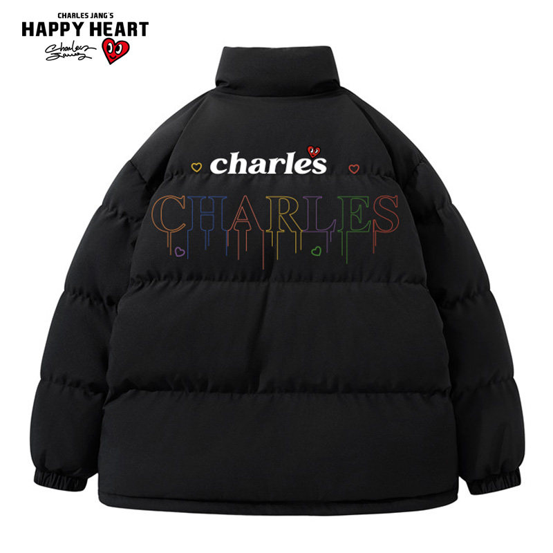 查尔斯桃心秋冬季轻薄立领羽绒服男保暖外套彩色立体字母印花情侣