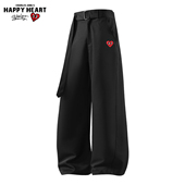 黑色休闲垂感阔腿西裤 男女春秋冬季 加绒腰带西装 查尔斯桃心 长裤