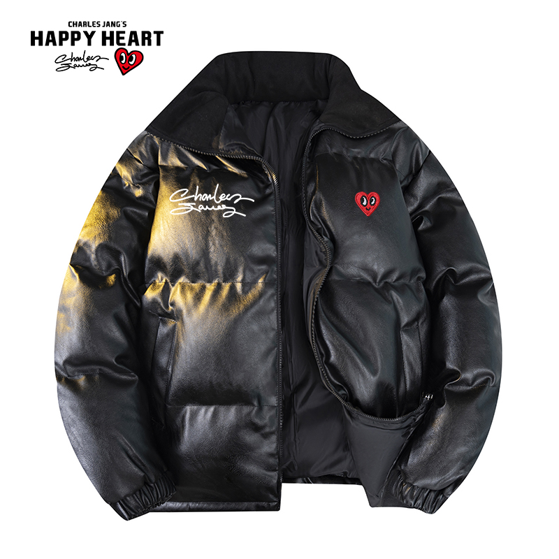 查尔斯桃心PU皮立领面包棉服男女