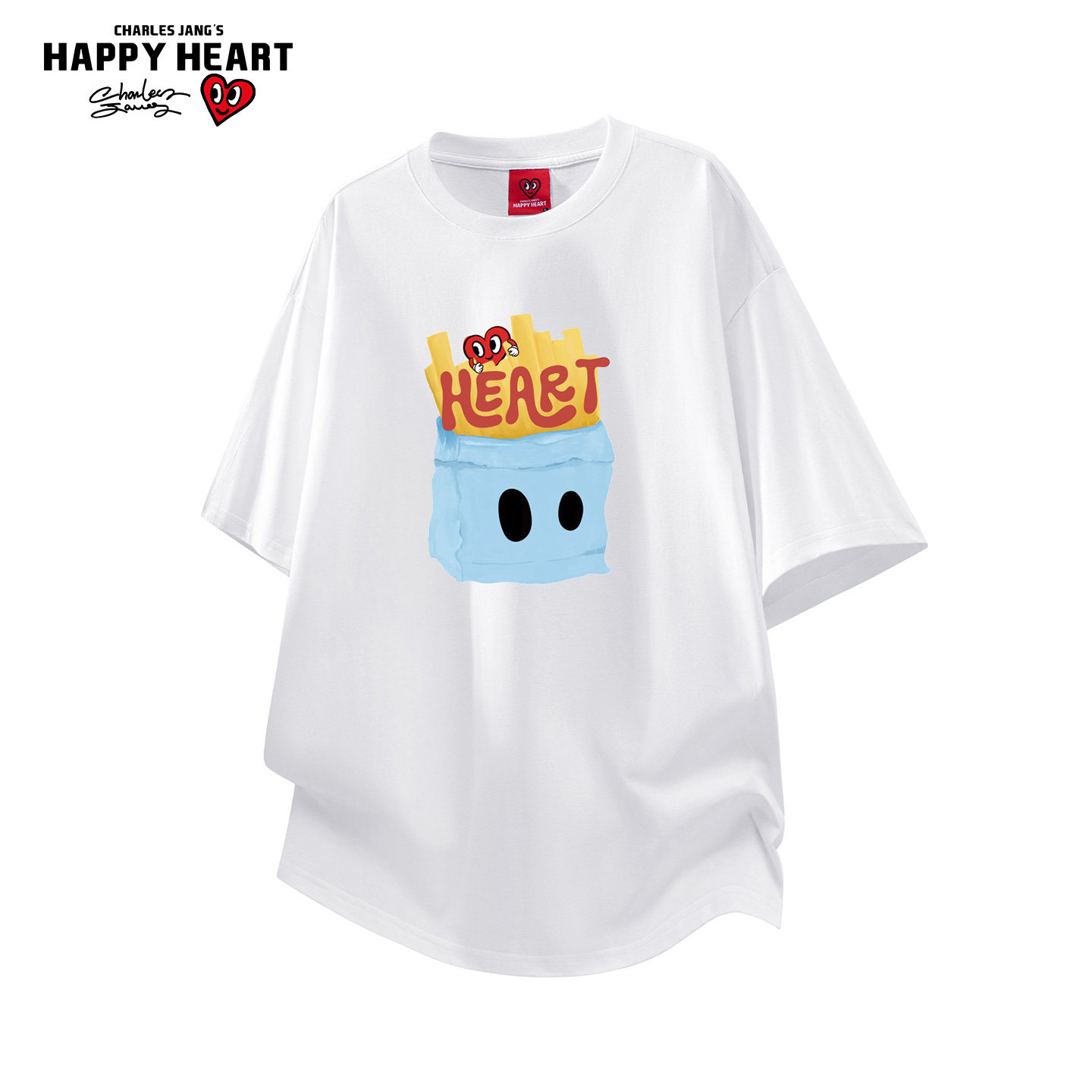查尔斯桃心 美式薯条印花圆领短袖t恤男夏季纯棉宽松休闲情侣上衣