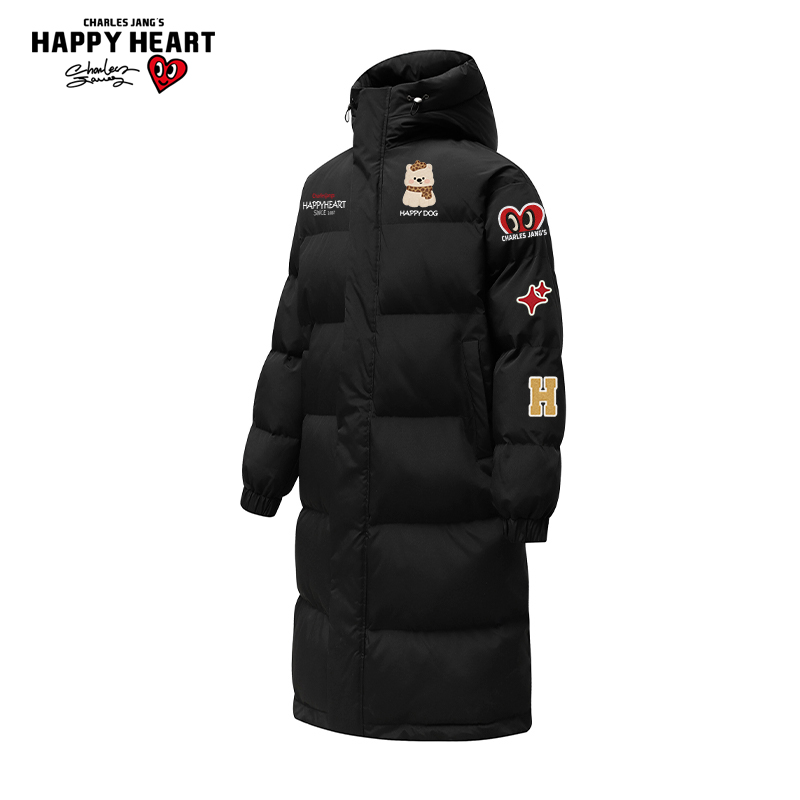 查尔斯桃心小狗印花中长款棉服男