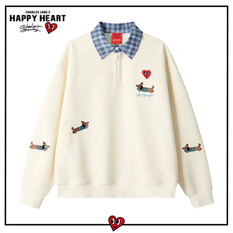 查尔斯桃心腊肠狗刺绣假两件衬衫领卫衣男秋季宽松潮流情侣上衣服