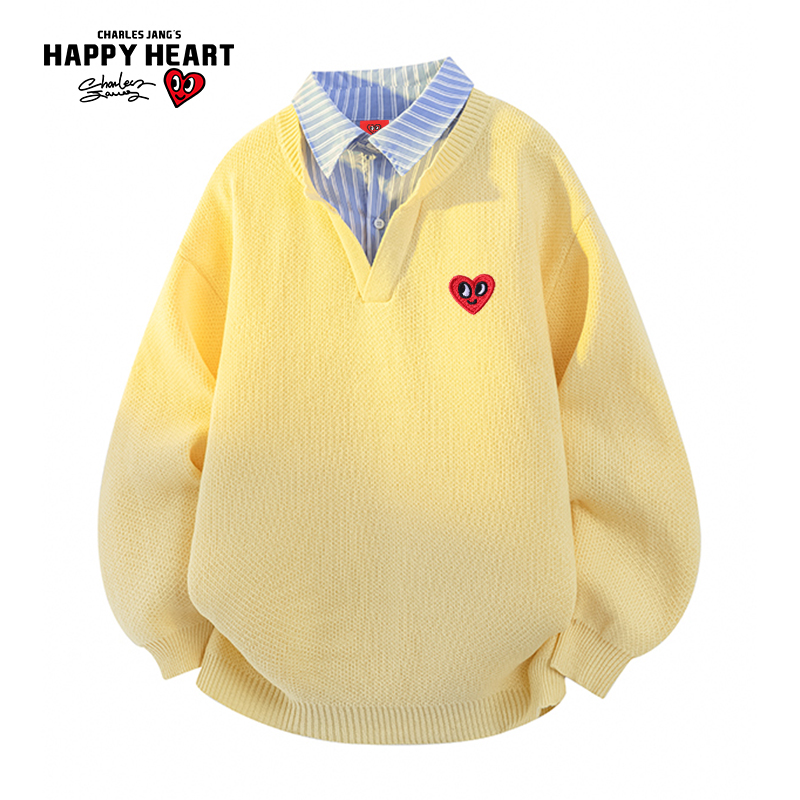 查尔斯桃心拼色格纹POLO领毛衣男秋冬季潮牌百搭休闲情侣套头外套