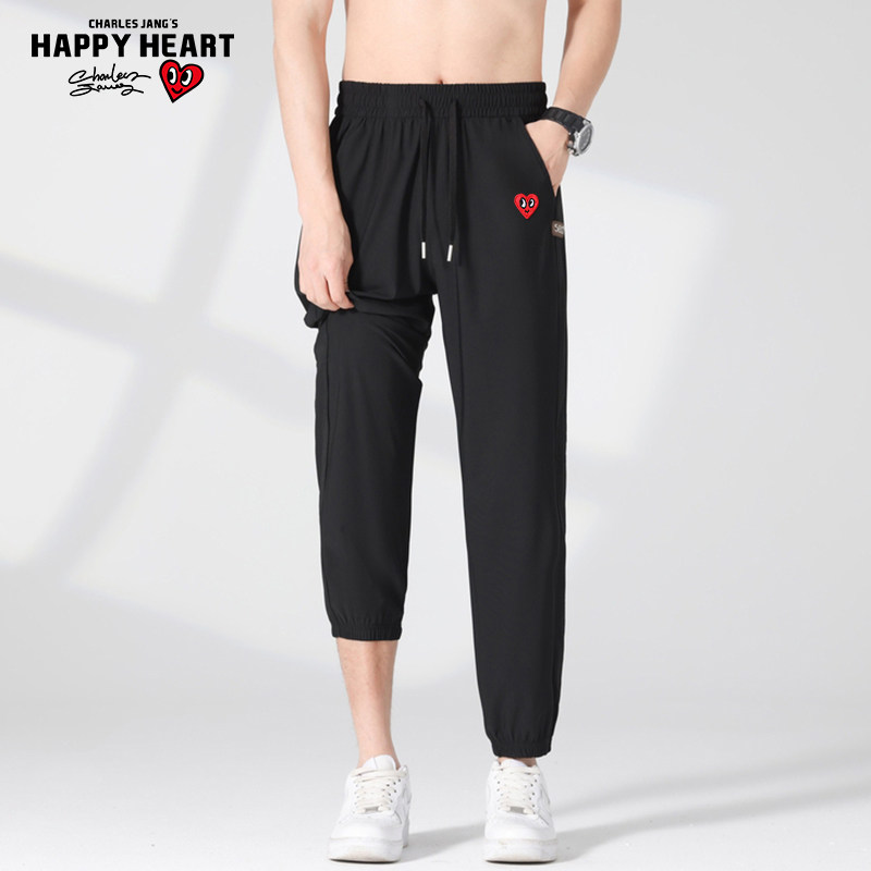 查尔斯桃心基础款格纹拼接透气运动裤子男夏季弹力休闲束脚九分裤