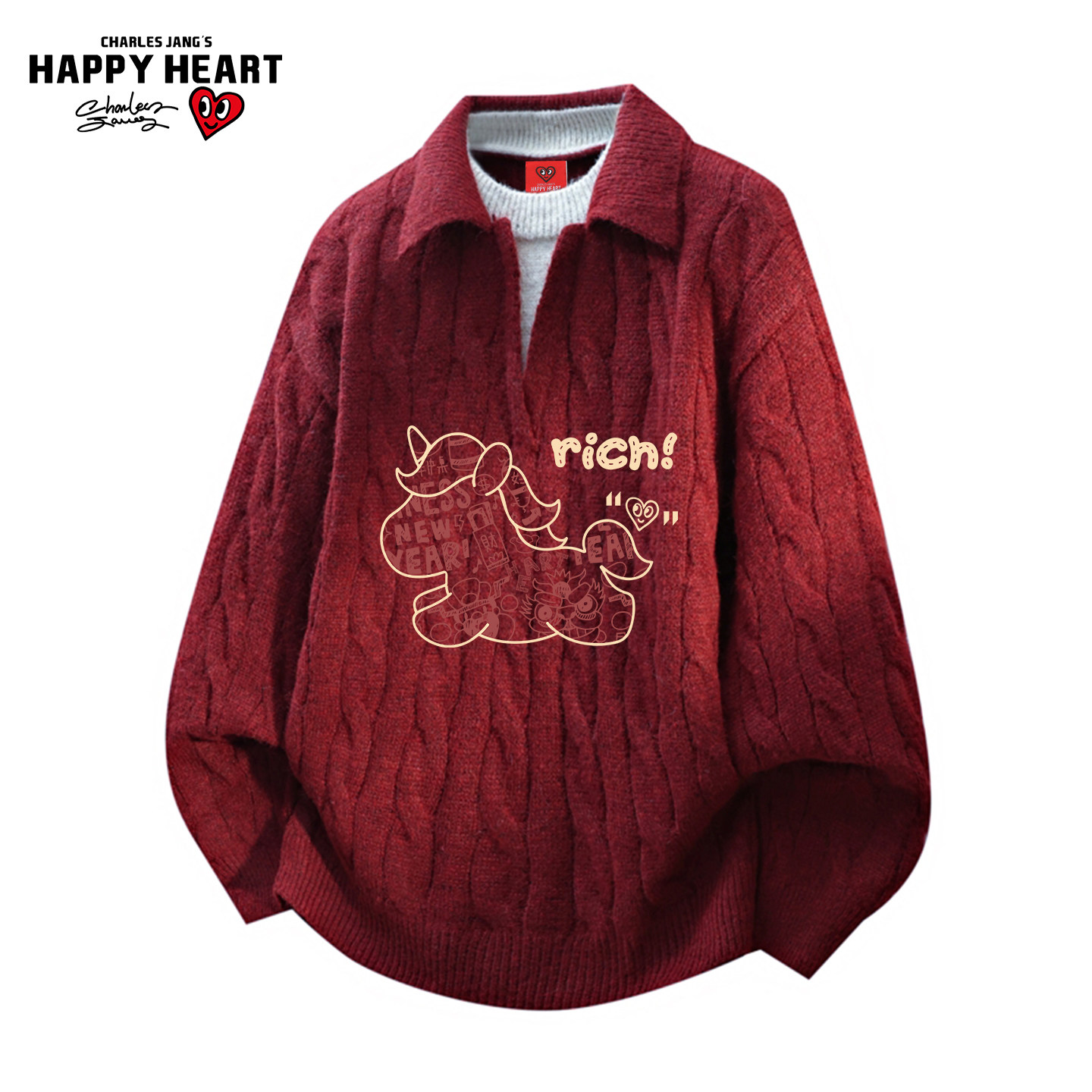 查尔斯桃心新款马年假两件翻领毛衣男冬季麻花条纹情侣针织衫上衣