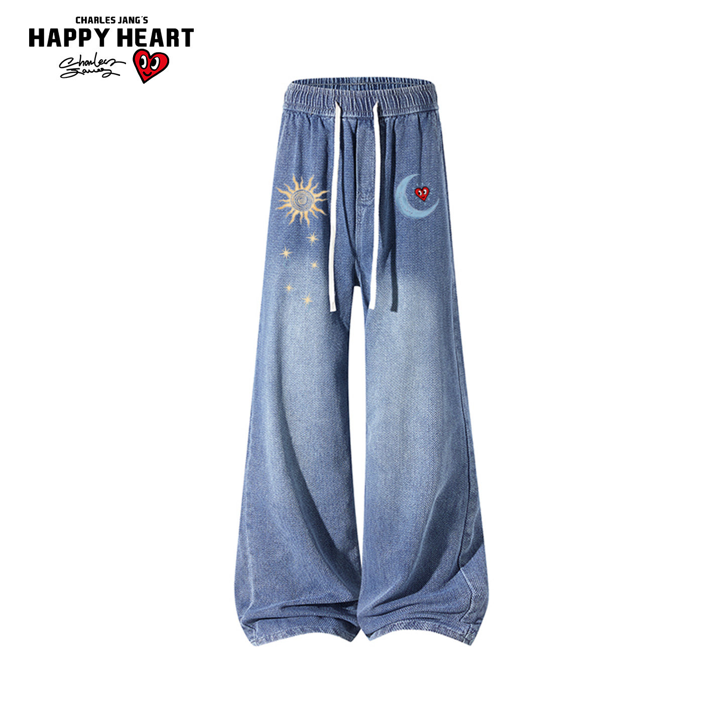 查尔斯桃心美式复古牛仔裤男春秋季休闲工装刺绣重磅直筒阔腿长裤