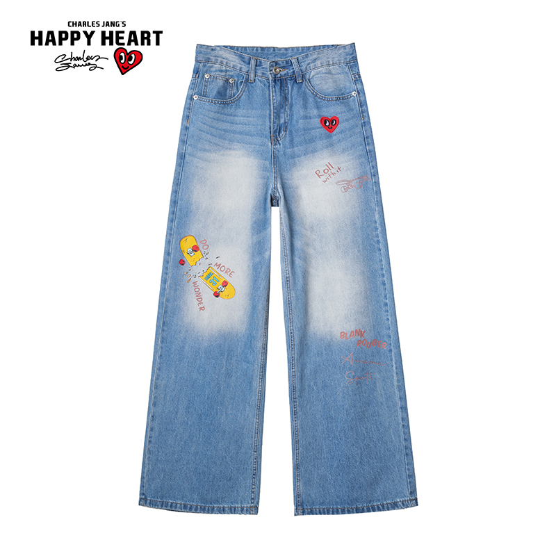 查尔斯桃心卡通印花直筒牛仔裤男