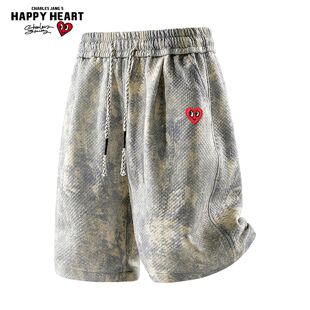 男女百搭五分裤 扎染满印透气宽松休闲短裤 子 美式 查尔斯桃心
