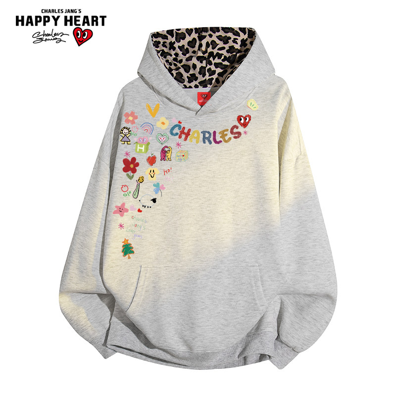 查尔斯桃心 美式涂鸦印花豹纹连帽卫衣春秋季百搭长袖情侣上衣服