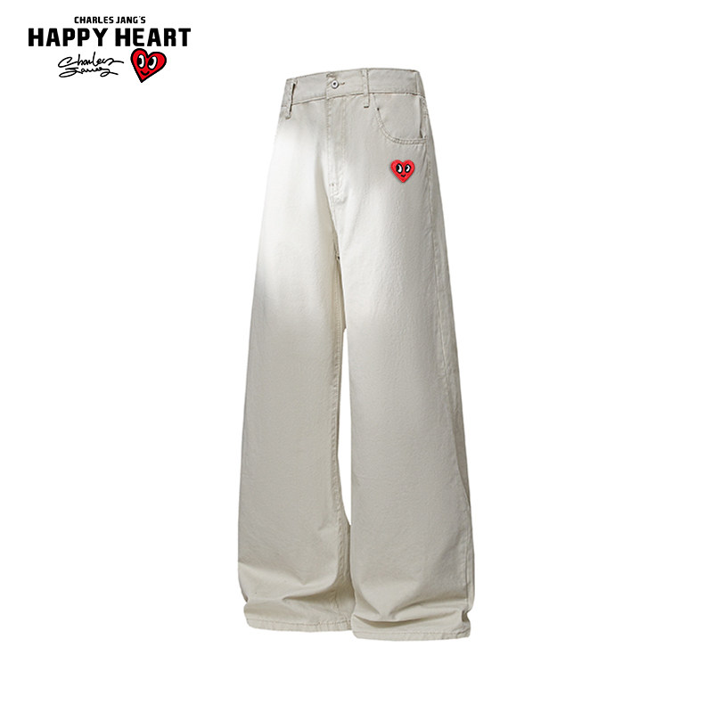 查尔斯桃心美式牛仔裤高街男女春秋季新款水洗直筒纯棉休闲长裤子