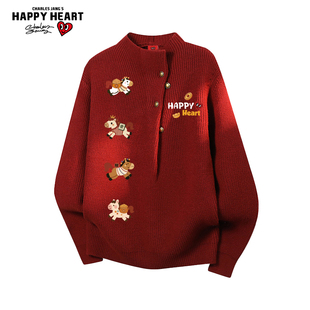 查尔斯桃心马年2026新款冬季半高领毛衣男女宽松休闲慵懒针织线衣