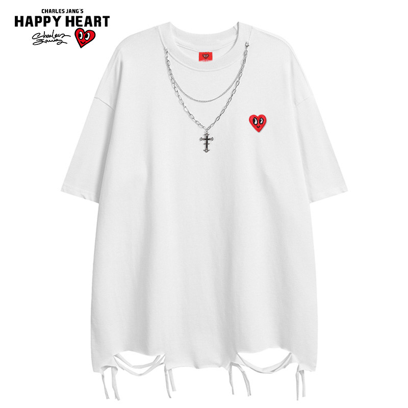 查尔斯桃心 美式嘻哈短袖t恤男2025年项链下摆破洞宽松休闲半袖T