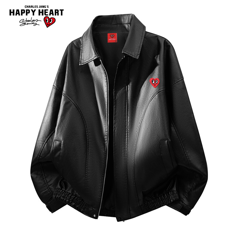 查尔斯桃心机车风pu皮夹克男外套