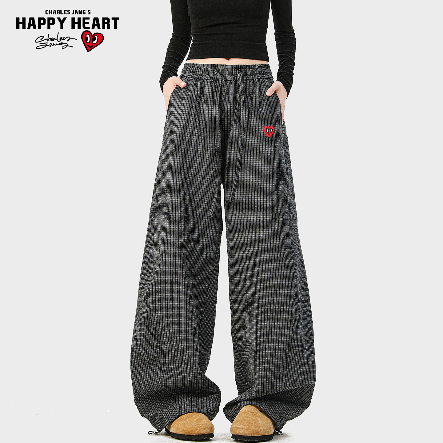 查尔斯桃心美式复古格子休闲裤男女春秋季慵懒风宽松阔腿垂感长裤