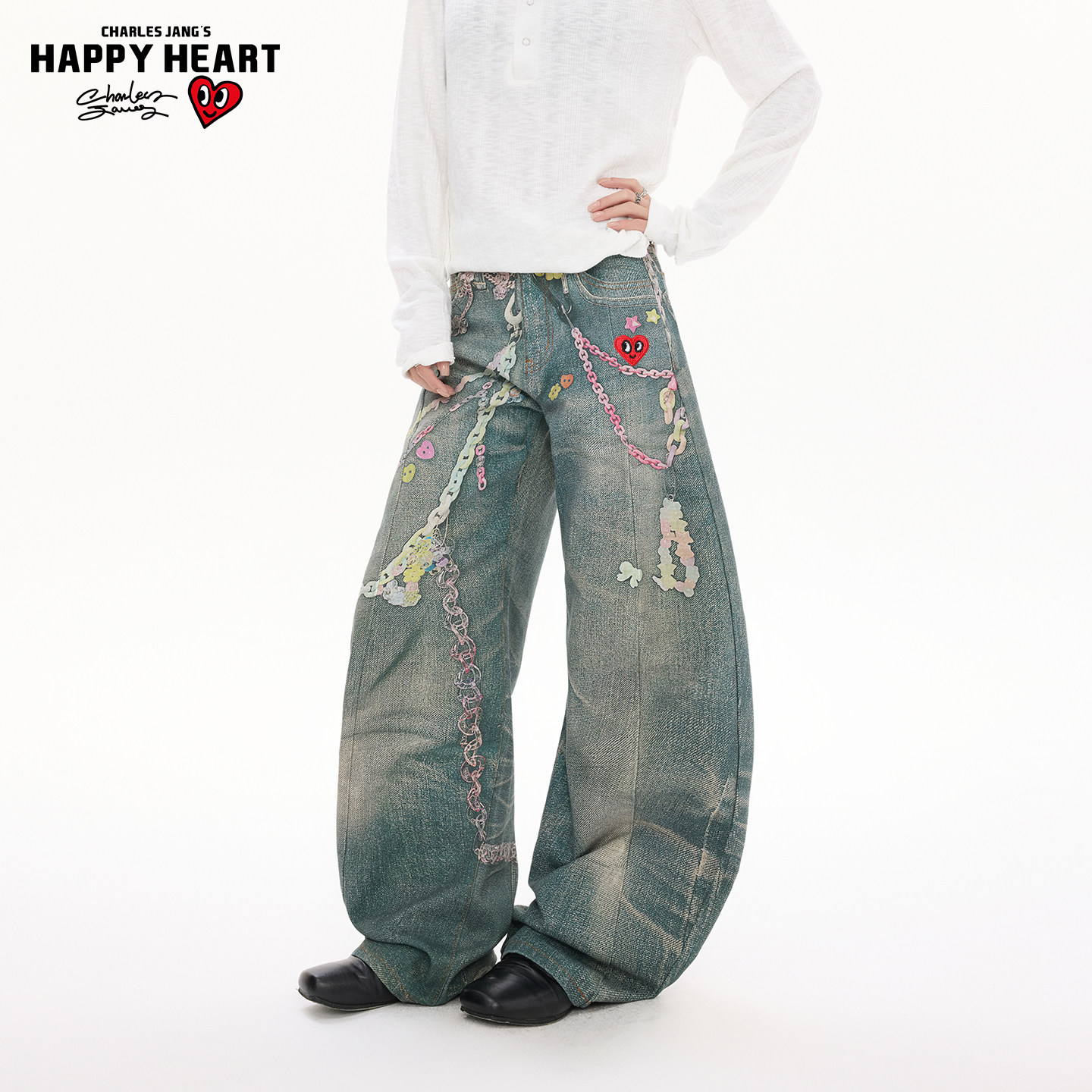 查尔斯桃心韩系糖果链条弯刀牛仔裤男女春秋辣妹风阔腿百搭长裤子,男装,牛仔裤,淘宝优惠券,粉丝福利购,淘宝优惠卷
