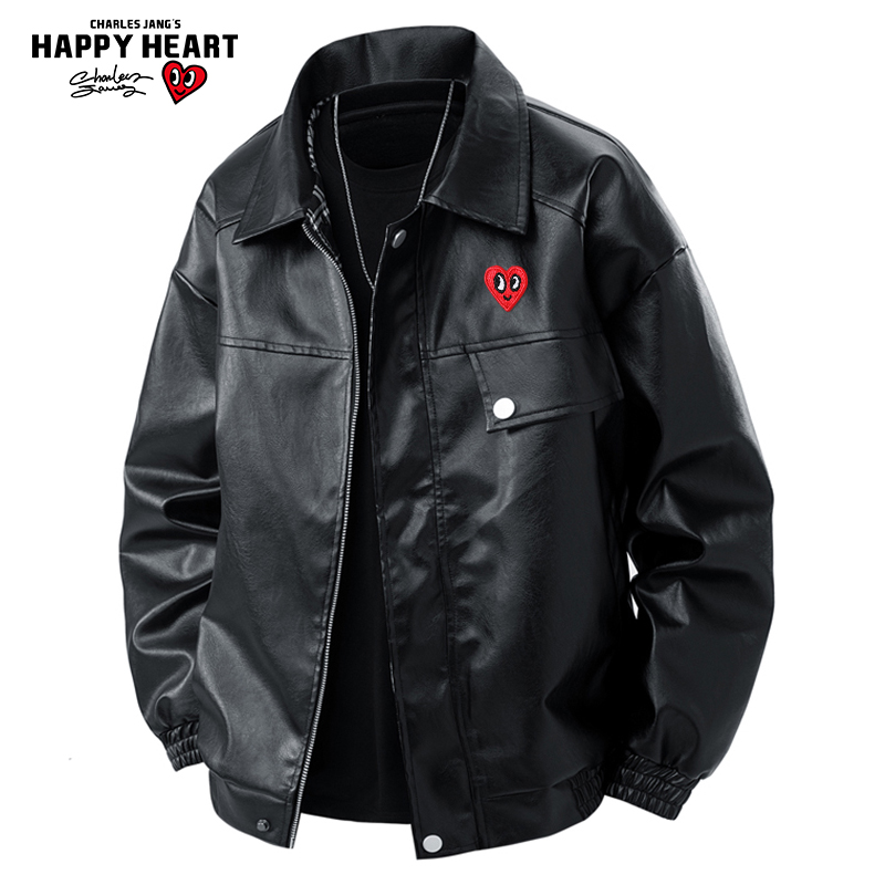 查尔斯桃心美式格子PU皮夹克男